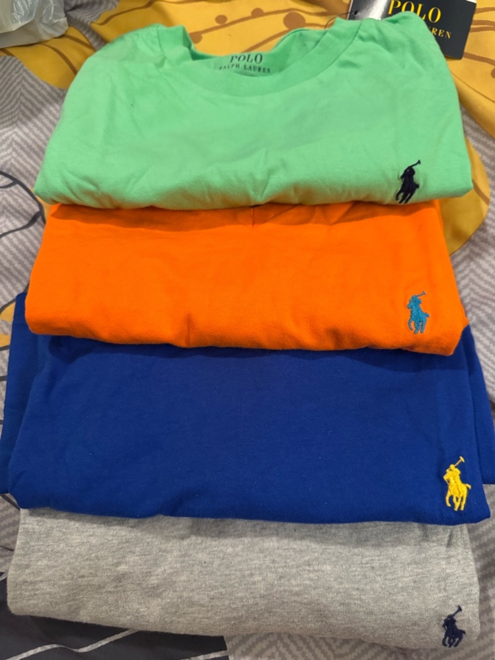 Polo by Ralph Lauren Kids Bright Green, Orange, Royal Blue & Gray Tee Stack.